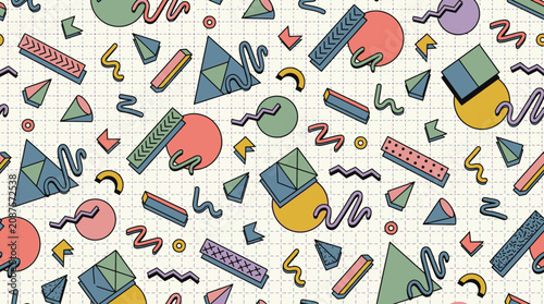 Nahtloses Muster im Memphis-Stil mit geometrischen Formen wie Kreisen, Dreiecken und abstrakten Linien auf einem karierten Hintergrund in bunten Pastellfarben für modernes Design