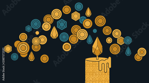 Eine stilisierte Illustration einer brennenden Kerze mit geometrischen Formen wie Kreisen und Tropfen, die in einer eleganten Komposition vor einem dunklen Hintergrund aufsteigen.