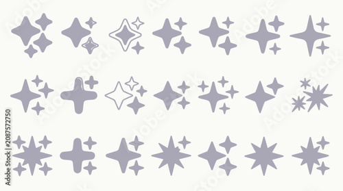 Eine Sammlung von verschiedenen Sternen-Symbolen und Glitzer-Icons in einem flachen, minimalistischen Designstil, ideal für grafische Benutzeroberflächen und kreative Dekorationen.