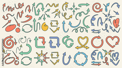 Eine umfangreiche Sammlung von handgezeichneten Pfeilen in verschiedenen Stilen, Farben und Formen, ideal für kreative Designprojekte, Präsentationen und digitale Illustrationen.