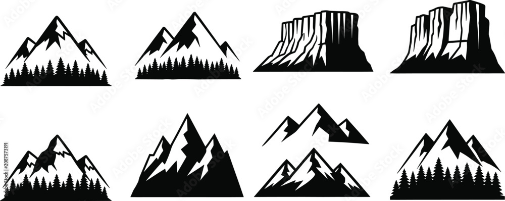 Fototapeta premium Mountain peak silhouettes with evergreen forest, rocky mesa range icons, outdoor adventure landscape elements, nature travel graphics, hiking and climbing vector, minimalist wilderness shapes