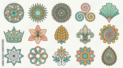 Eine Sammlung von 15 stilisierten Vektor-Symbolen und Ornamenten in Pastellfarben, die verschiedene Muster und Formen darstellen.