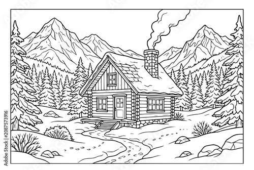 Cozy Winter Log Cabin in Snowy Mountain Landscape Coloring Page