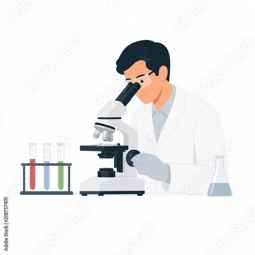 Scientist Looking Through Microscope in Laboratory Flat Illustration
