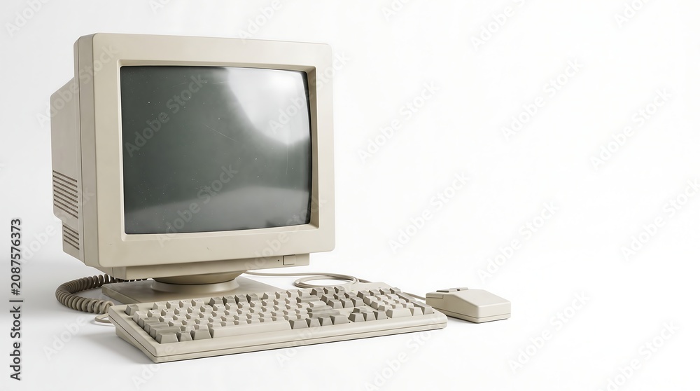 Fototapeta premium Vintage Beige CRT Desktop Computer Setup Pure White Background