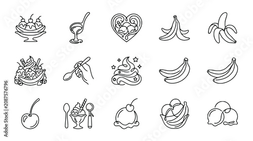 Фотография Banana Split and Ice Cream Icons: Dessert, Fruit, and Sweet Treats Line Art Coll