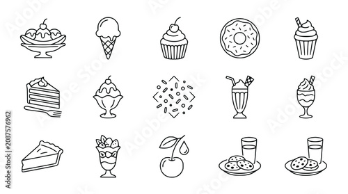 Hand-drawn sweet treats icons collection: ice cream, donut, cupcake, cake, pie, smoothie, cherry, cookies