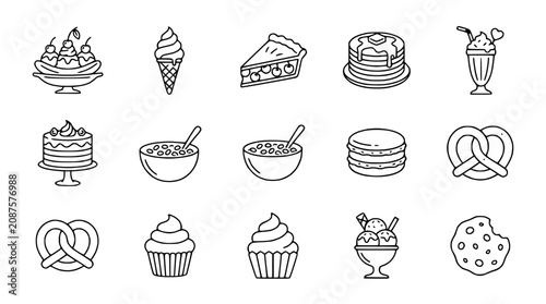 Dessert Icon Set: Sweet Food Flat Line Art Collection