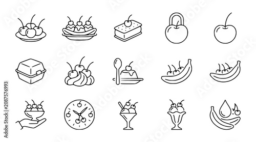 Dessert line icons: cherries, bananas, cakes, ice cream, pudding, fruit salad
