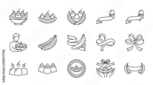 Hand-Drawn Ice Cream Sundae & Banana Icons: Dessert, Food, Sweet Treats, Retro Style