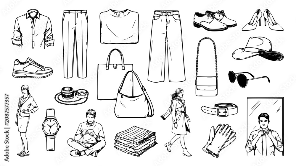Obraz premium Fashion and Accessory Collection Illustration, Black and White Line Drawing, Vector Art Featuring Clothing, Apparel, Sketch