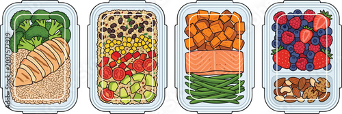Foto Flat vector illustration set of healthy lunch meal prep containers filled with n