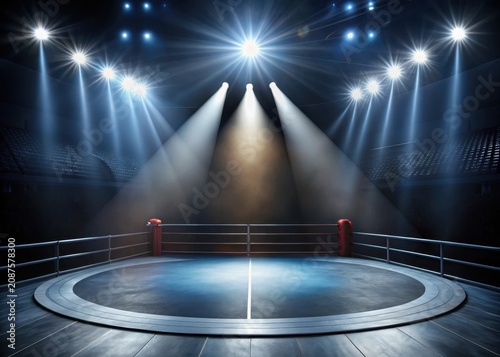 Empty wrestling arena with spotlight on mat