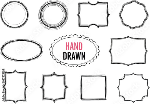 Set of hand drawn sketch frames and border shapes for decorative design projects including circles ovals rectangles and various vintage badges in a simple black ink style