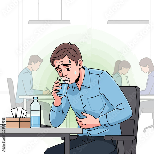 Young Man Experiencing Discomfort While Drinking Water At Office Desk