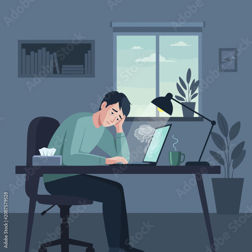Young Man Overwhelmed By Work Anxiety Late At Night Desk Sadness