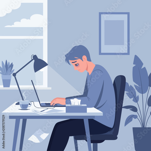 Young Man Working Late At His Desk Illustrating Burnout Feeling Exhausted