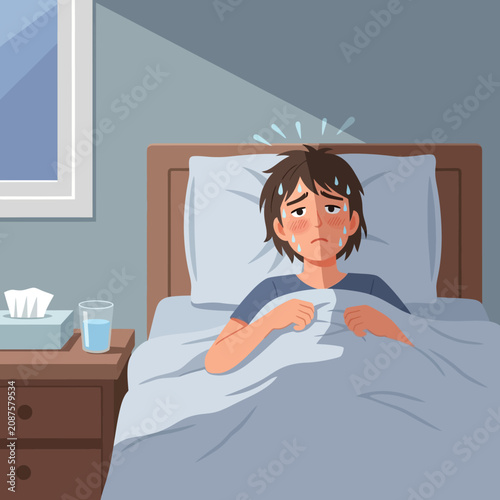 Young Person Suffering From Fever And Illness In Bed At Night