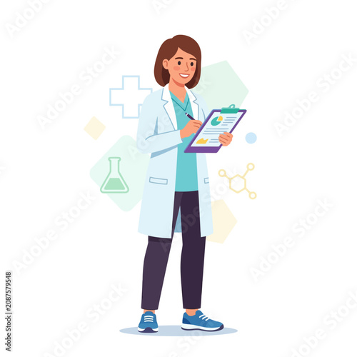 Young Woman Scientist Working In A Laboratory With Medical Icons