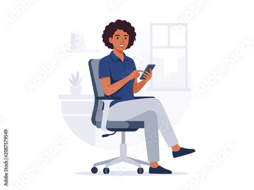 Young Woman With Curly Hair Using Smartphone While Sitting In An Office Chair