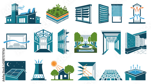 Sustainable Green Building Architecture Flat Vector Icons Set for Energy Efficiency  Passive Design
