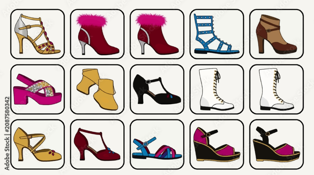 Obraz premium Flat Vector Icon Sheet of 9 Diverse Women's Shoes, Including Heels, Boots, Sandals, and Wedges in Various Colors and Styles, Arranged in a Grid Layout on a White Background