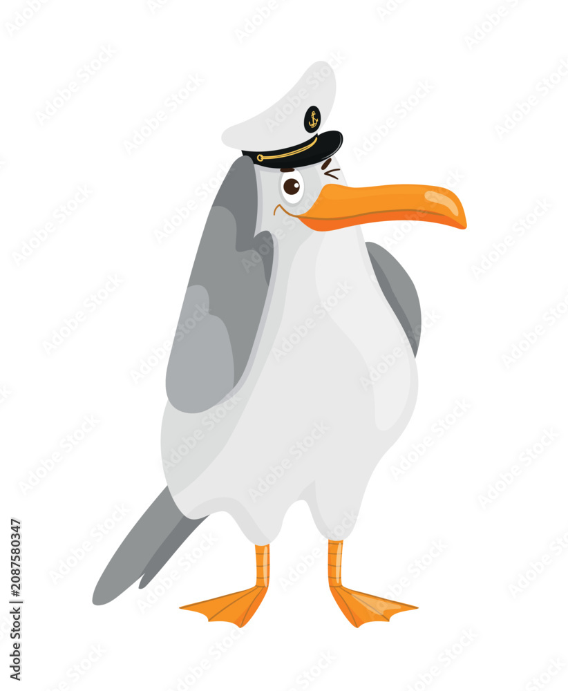 Fototapeta premium Funny cartoon vector illustration of a winking seagull character wearing a white captain hat with an anchor icon. Isolated on white background.