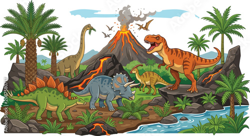 Photos Prehistoric landscape vector illustration with roaring T-Rex, Triceratops, Stego