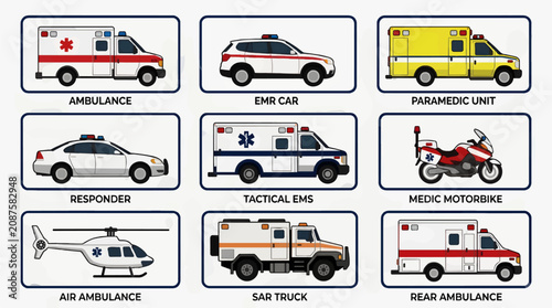 Konstfotografi Flat Vector Icon Set of Emergency Medical Vehicles, Including Ambulance, EMR Car