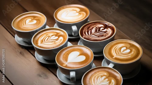 Cup of hot coffee with beautiful Latte art. Assortment of coffee mugs with hearts latte art on wooden background with copy space.