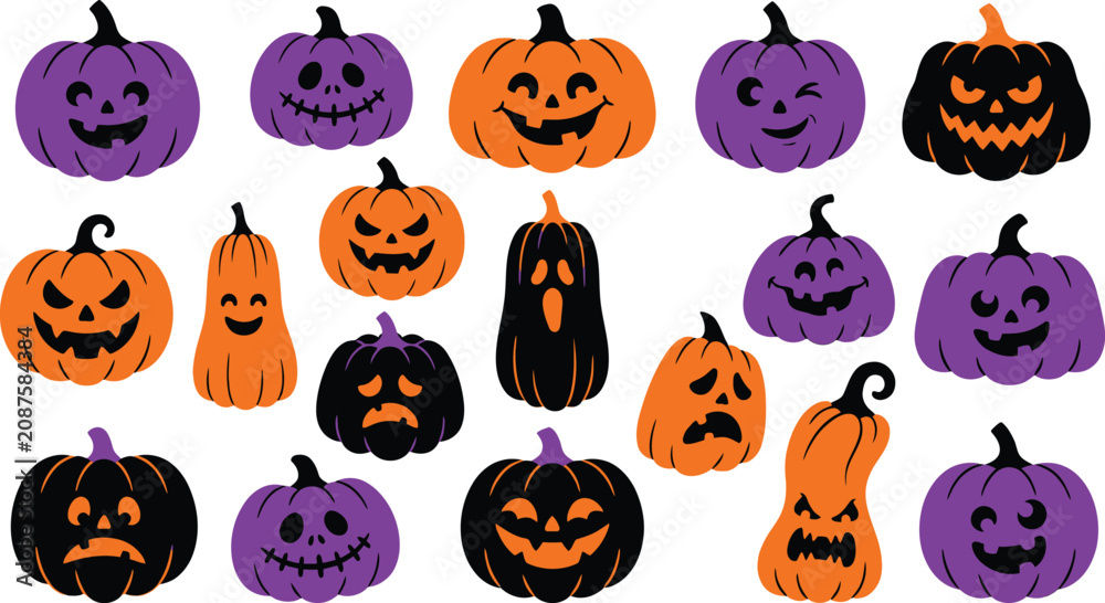 Obraz premium Spooky Pumpkins for Halloween: A vibrant collection of carved pumpkins in various sizes and expressions, featuring classic jack-o'-lantern faces and whimsical designs in purple and orange.