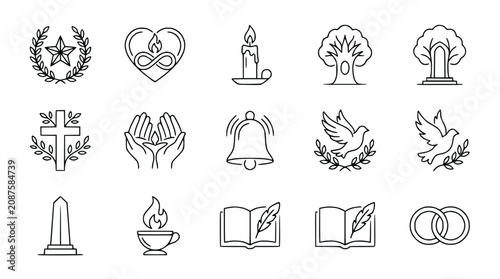 Fotografie Funeral and Memorial Icons Set: Cross, Dove, Candle, Tree, Book, Rings, Heart
