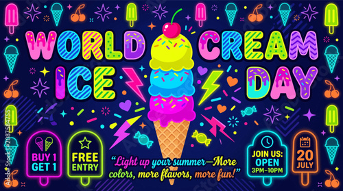Vibrant neon poster with promotional offers buy one get one deals free entry confectionery _World Ice Cream  Day _ Ice Cream Festival