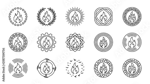 Canvas Print Set of Flame Icons: Fire Symbols in Decorative Circles and Frames, Hand-Drawn St