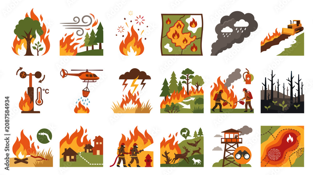 Obraz premium Wildfire Icons: Fire, Forest, Danger, Rescue, Weather, Map, Equipment