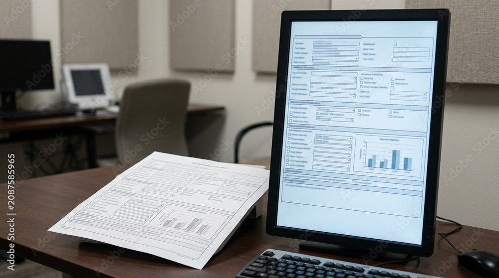 Obraz premium Radiology Workstation with Structured Reporting Template Monitor - Medical Documentation Stock Photo