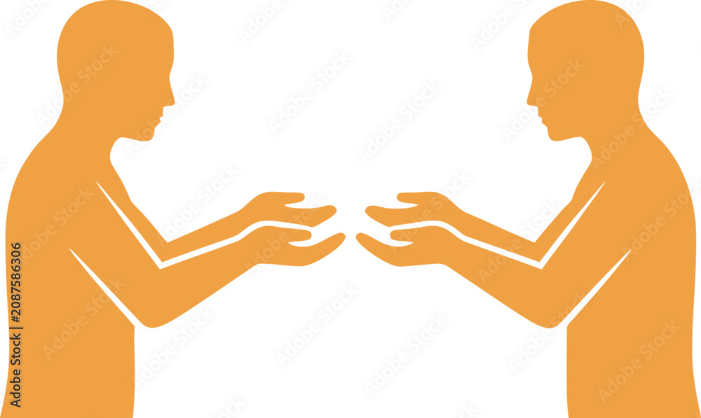 Fototapeta premium Orange human silhouettes with cupped hands facing each other, symbolizing interaction and transaction for business communication, partnership, and social responsibility concepts.