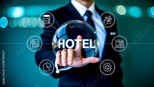 Digital hotel booking and hospitality management technology concept