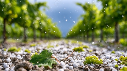 Hailstorm Damage to Vineyard Grapevine from Ground Level Perspective