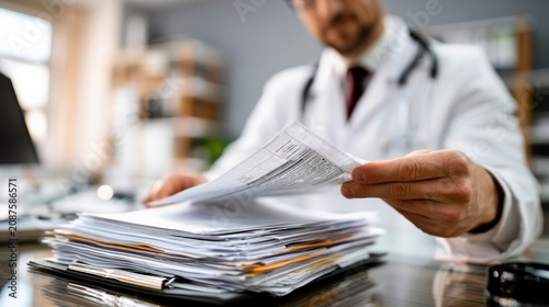 A doctor in a white coat reviews a large stack of patient files or medical documents in a clinical setting.
