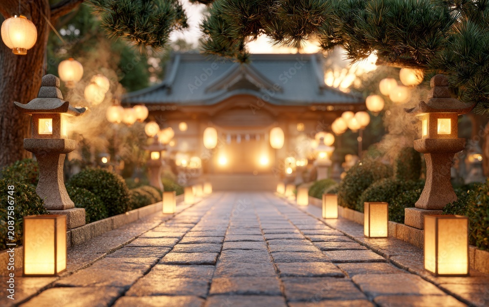Fototapeta premium Traditional Japanese Obon Festival Lantern Installation in Evening Glow