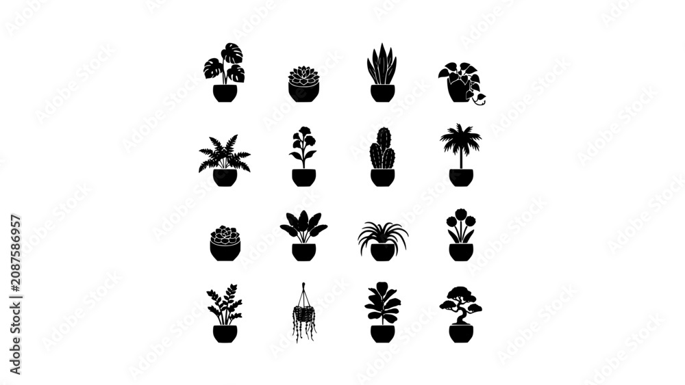 Fototapeta premium Collection of 16 Potted Plant Icons in a 4x4 Grid, Black and White Vector Art Featuring Icon, Set, Houseplant with Green and Leaf