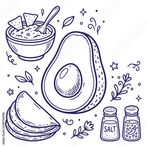 Hand drawn doodle of mexican food including guacamole with chips, avocado, tortillas, and salt and pepper shakers on a wallpaper background, white background for, culinary and menu projects