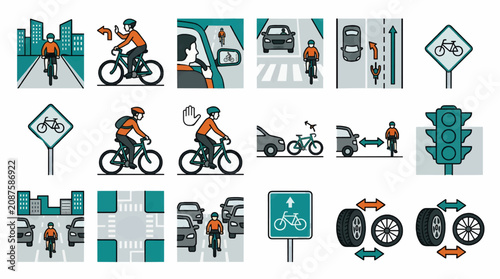 Bild auf Leinwand Flat Vector Illustration of a Cyclist Merging into Traffic, City Street Scene wi