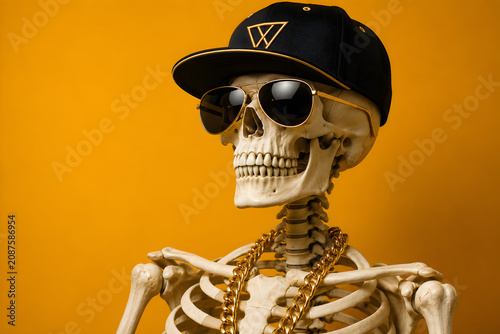 Human skeleton wearing a black baseball cap and gold aviator sunglasses against a bright yellow background