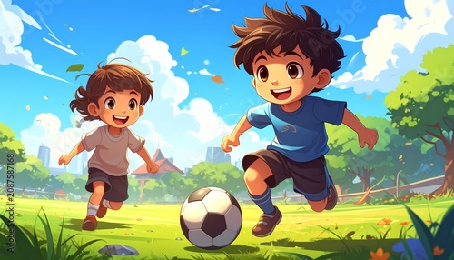 Two happy kids playing soccer outdoors.