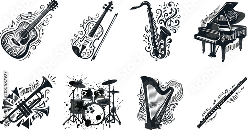 Canvas Print Vintage Musical Instrument Silhouette Collection with Guitar Piano Violin Saxoph