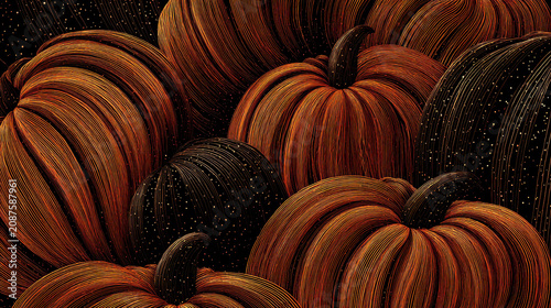 Autumn's Bounty: A rich tapestry of plump pumpkins, showcasing a vibrant array of orange and deep charcoal hues, evokes the cozy spirit of the harvest season.