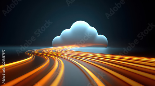 Cloud Computing Energy Flow: A stylized 3D render depicts a luminous cloud emitting a vibrant stream of energy, symbolizing the flow of data and power in cloud computing.