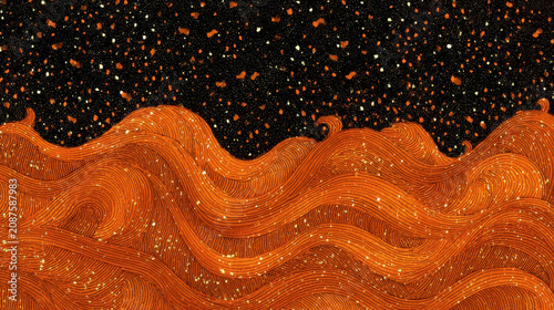 Cosmic Lava Flow: Abstract visualization of molten lava waves glowing orange against a dark, star-speckled cosmic background, evoking a sense of powerful, elemental energy.